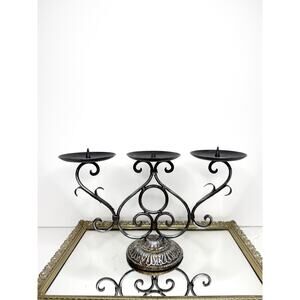 Gothic Ornate Black Metal Candle Holder Triple Pillar Scroll Work Vintage Table